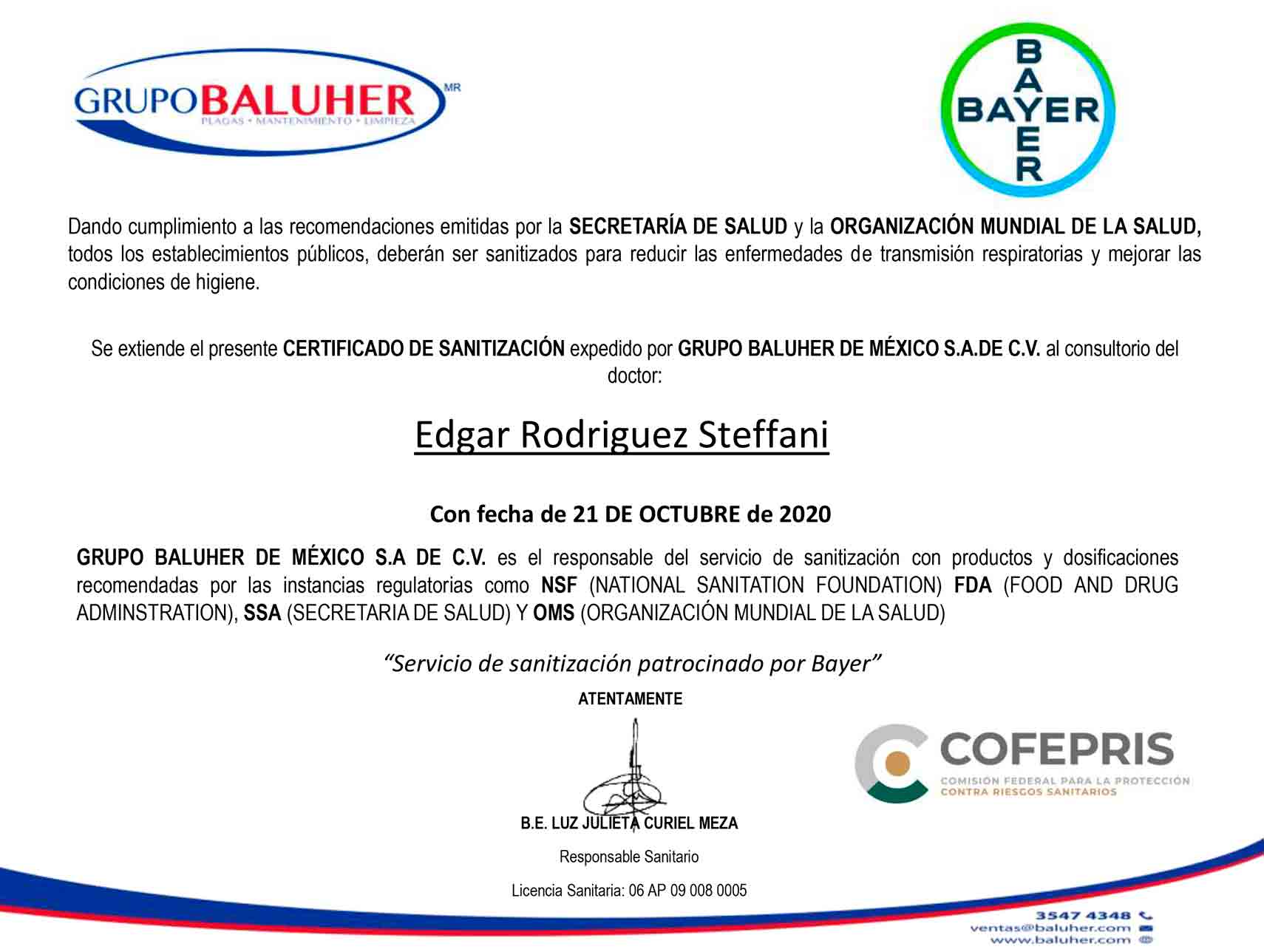 Certificado de Sanitazación